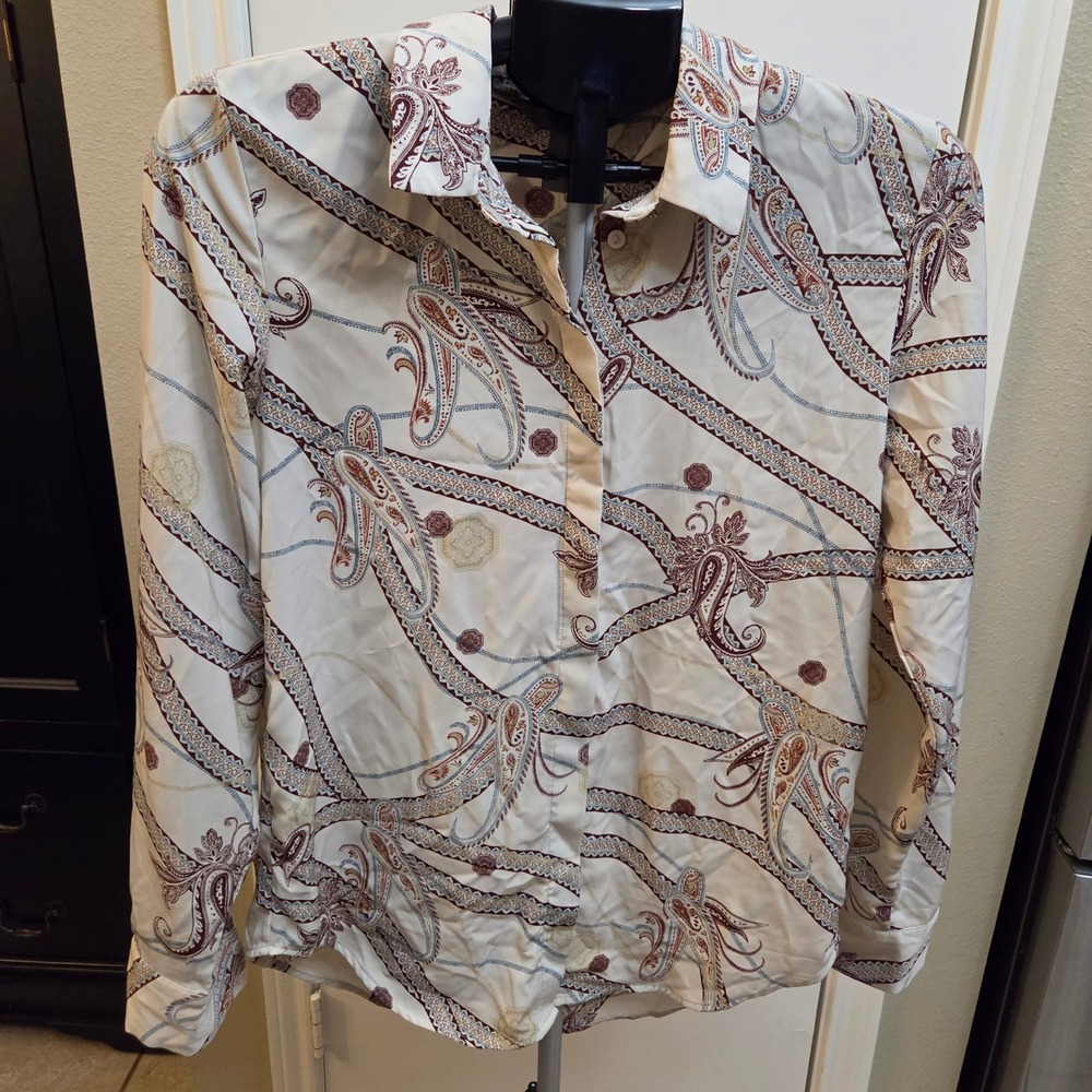 HM Womens Paisley Scarf Print Button Down Blouse Cream Burgundy Blue Size 4